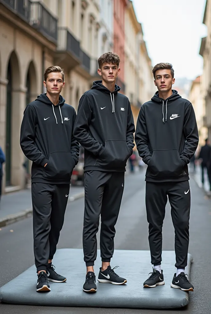 Dans la rue, trois jeunes sportifs en survêtement et Nike boueuses, debout sur un matelas jeté par terre sous leurs pieds. Les pieds sur le matelas enfoncé et souillé de boue. Les mains dans les poches.