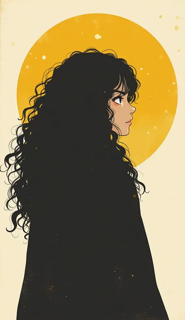 A portrait of an original character from Kimetsu no Yaiba, the kyojuro rengoku without the face in a minimal color block style. The background must be a single shadow of a woman with her back, zooming in on her long dark brown curly hair. The colors must b...