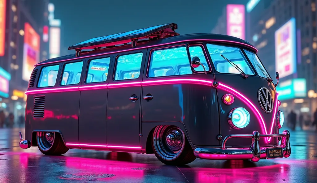 "A Volkswagen Type 2 (T2) van modified with a futuristic cyberpunk aesthetic, featuring neon underglow lights, digital dashboard displays, and a high-tech roof-mounted solar panel. The van is parked in a futuristic city with glowing skyscrapers and hologra...