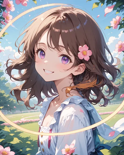 1girl,ager,cuty face,joyful expression,purple eyes,
twinkle smiling,fleshy hips and thighs,
medium hair, brown hair,(detailed hair:1.2),bangs parted from the left side,soft wavy hair,
BREAK,
Flower Fields: Frame the Scene with Blooming Petals, Blossoming B...