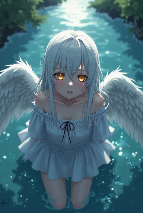 Half-angel girl with albino hair, long white eyelashes and honey-brown eyes. The girl's legs are half submerged in a lake under the moonlight and tears are streaming down her cheeks. Angelic and hypnotic appearance. An anime-style perspective from above.