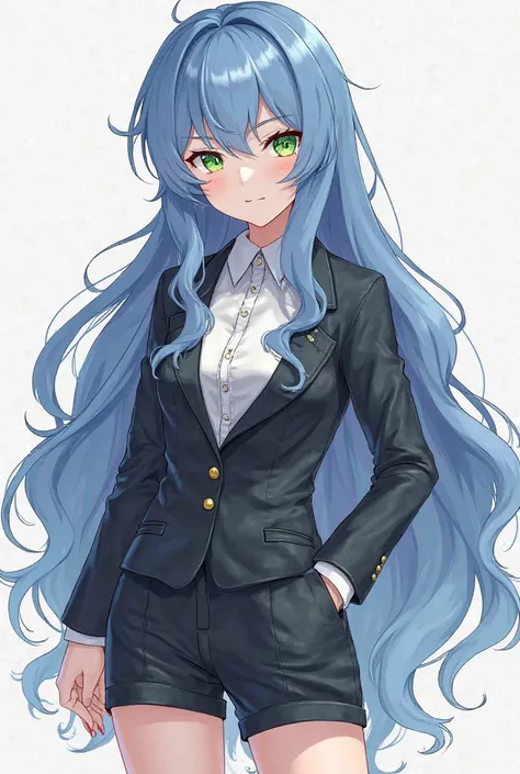 Generate an image in the style of Genshin Impact, Of a girl with long, wavy blue hair with bangs in parts,  pale skin , serious and green eyes with elegant men's clothing, some shorts attached to her thighs and these stand out.