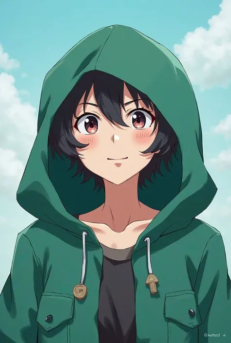 An anime character Baron AGER WITH A GREEN TURQUOISE HOOD With an expression that he came up with a great idea is already a great expression of joy that effect that exists in anime When something is focused