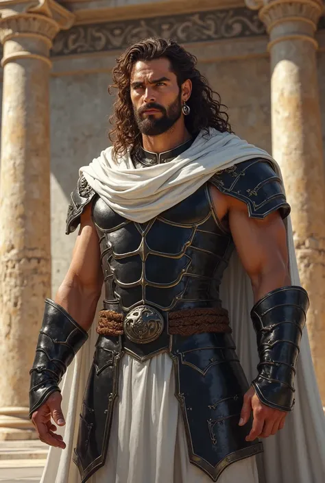 human character with long curly brown hair with mustache and brown goatee, brown eyes, silver hoop earring, wearing full black Greek armor with a large shiny white Greek robe in a Greek temple environment 2D full body image