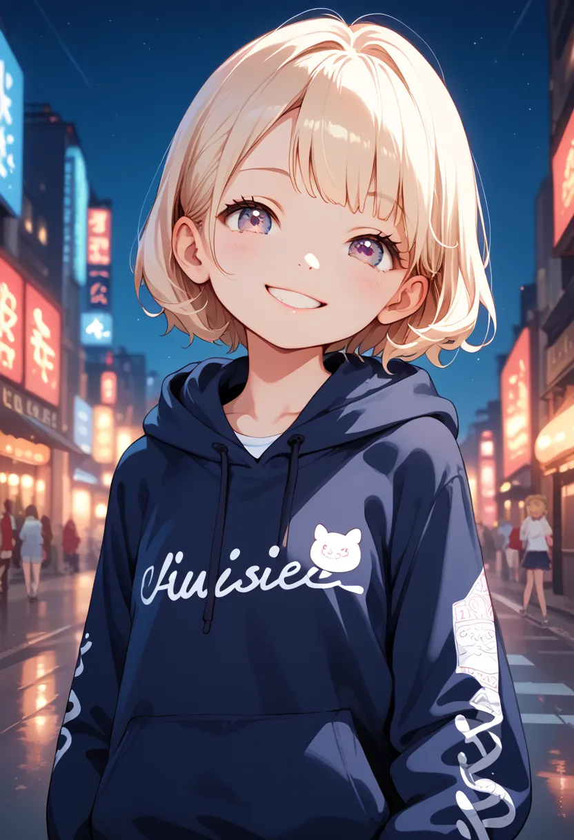 masterpiece, best quality, score_9, score_8_up, source_anime, girl, (petite), smile, hoodie, dark ski, loli,