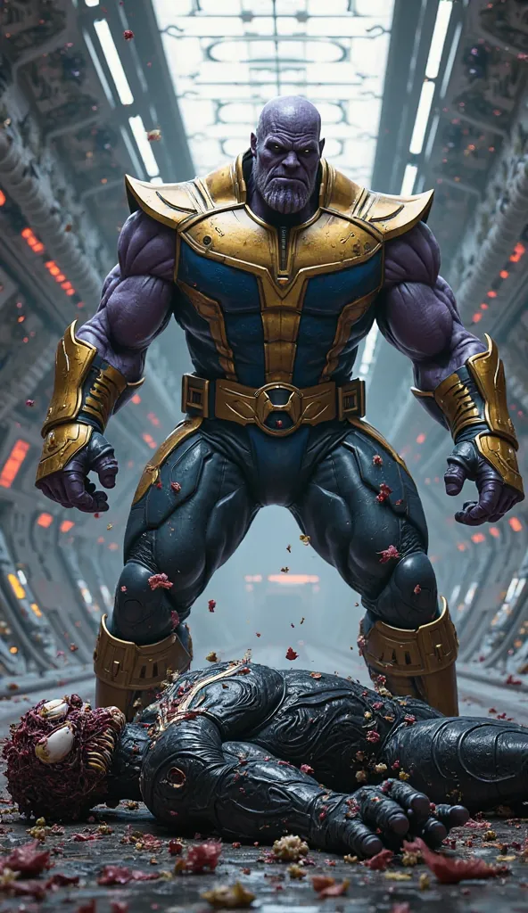 Thanos use lager on venom head badly with eyes, and venom fall away inside a spaceship 