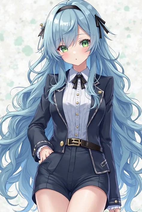 Generate an image in the style of Genshin Impact, style clothes of a girl with long, wavy blue hair with fringe in parts,  pale skin , serious and green eyes with elegant men's clothing, some shorts attached to her thighs and these stand out.