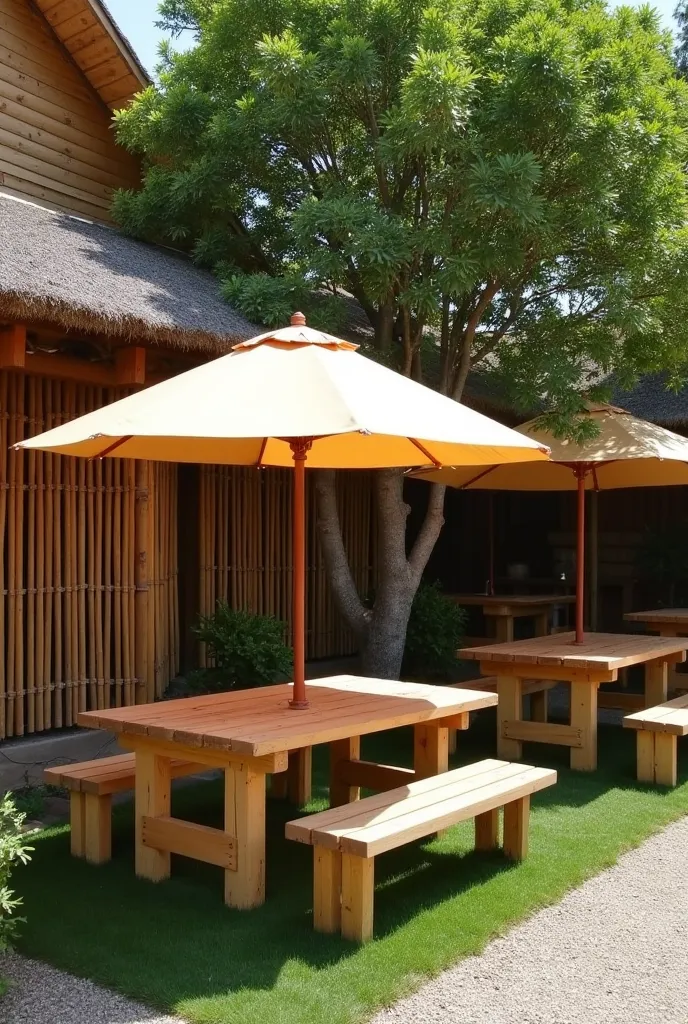 A restaurant of approximately 100 square meters outside without walls only delimited by bamboo trunks one and a half meters high with wooden tables to which are attached some benches to sit on and an integrated umbrella, under the tables there is grass and...