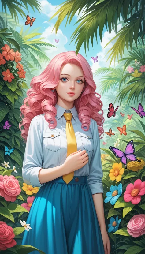 Woman with pink curly hair、light blue dress shirt with yellow tie、Tropical Flowers々、 Lots of Butterflies 