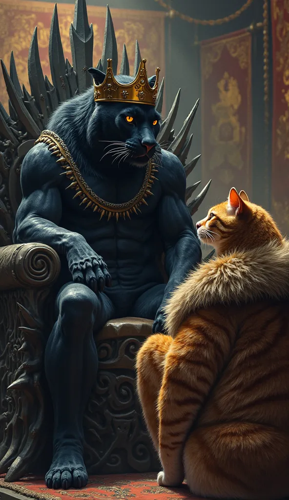 (Ultra realistic), A massive black panther wearing a dark golden crown sits on a high iron throne made of sharp claws. He glares down at a fat orange cat wear  thick fur cloak, looking betrayed. The throne room is dimly lit, with banners of rival cat house...