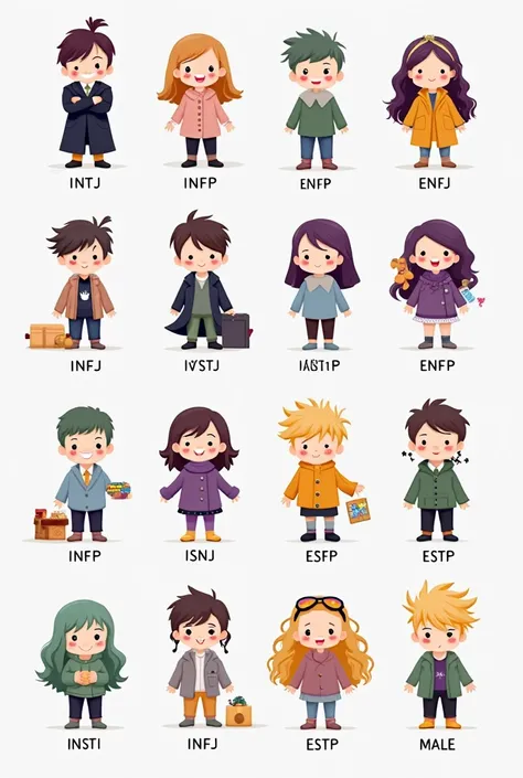 "A chibi-style personality chart showcasing all 16 MBTI types in a cute, free-illustration style with a balanced mix of male and female designs.

Each character's hair and clothing color match their MBTI category:

Purple (INTJ, INTP, ENTJ, ENTP) → Dark pu...