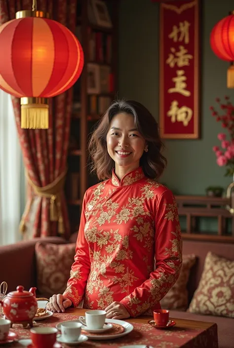 "A woman in her 40s stands in a warmly decorated living room, celebrating the Chinese New Year with a rabbit zodiac theme. She wears a traditional Chinese New Year outfit in red and gold, symbolizing prosperity and luck. The room is beautifully adorned wit...