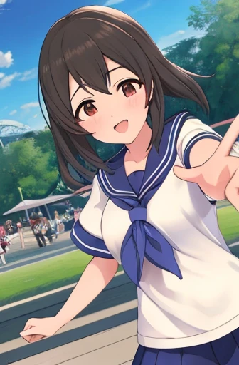 (masterpiece, Highest quality),Outdoors,Akagi_thousand_THE IDOLM @STER CINDERELLA GIRLS SU149 AMUSEMENT PARK,happy,dynamic pose,stylish angle,,sailor suit