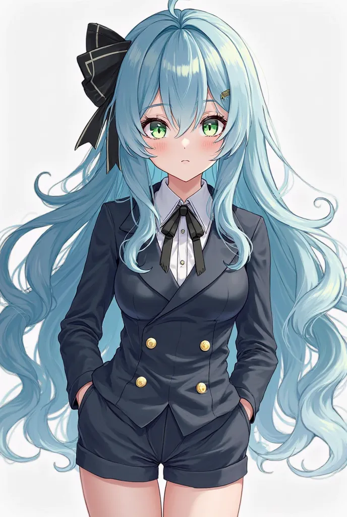 Generate an image in the style of Genshin Impact, style clothes of a girl with long, wavy blue hair with fringe in parts,  pale skin , serious and green eyes with elegant men's clothing, some shorts attached to her thighs and these stand out.