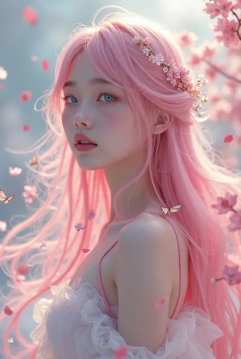 (CG unity 8k wallpaper extremely detailed) (Best Quality) (  hair band better lighting ) (an extremely delicate and Beautiful) (floating) (Beautiful) ( spring atmosphere ) (One Girl) ( long pink hair ), (عصابة شعر), (detailed and Beautiful blue eyes), ((ve...