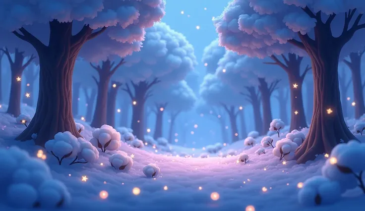 A dream forest where the trees have cotton tops and the ground is a blanket of luminous stars. Small fireflies float with a soft glow, illuminating the environment with light blue and lilac tones. The cartoon-style image has rounded shapes and a soft glow ...