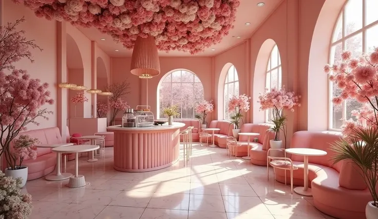 The coffee shop design radiates elegance and warmth, inspired by the lush beauty of peonies, which symbolize romance and prosperity. Delicate, petal-like architectural elements flow through the space, mimicking the graceful form of peonies. Soft, velvety s...