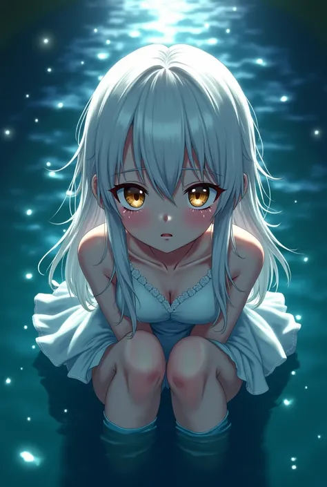 Half-angel girl with albino hair, long white lashes and dull honey-brown eyes. The girl's legs are half submerged in a lake under the moonlight and tears are streaming down her cheeks. Angelic and hypnotic appearance, Also of anguish. An anime-style perspe...