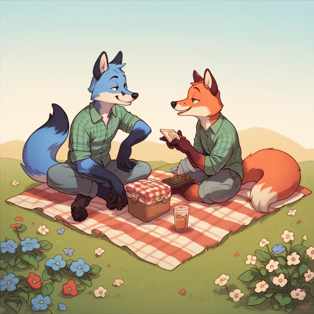 2 relaxed anthropomorphic furry foxes enjoying an outdoor picnic. full body  