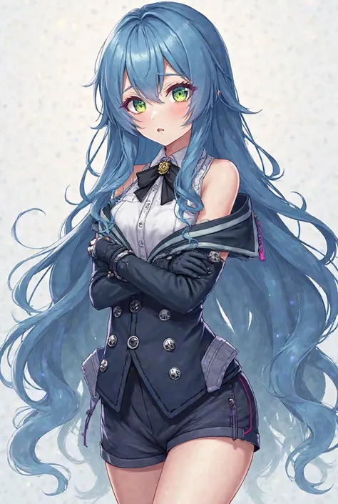 Generate an image in the style of Genshin Impact, style clothes of a girl with long, wavy blue hair with fringe in parts,  pale skin , serious and green eyes with elegant men's clothing, some shorts attached to her thighs and these stand out.