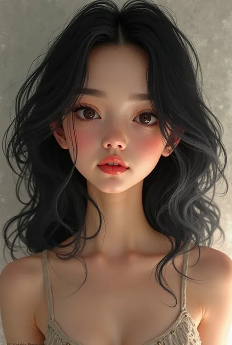 I want to create a human girl with big, round eyes,  small, curly nose ,  full lips and red , short and thin with fair and black skinLong hair, looking at the viewer, breasts, fringe, simple bottom, black hair, 