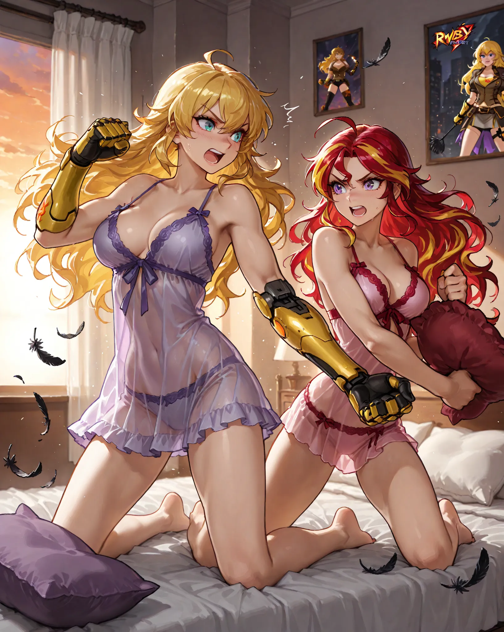 Masterpiece, best quality, 2girls, couple, (Sunset Shimmer\taller, two-tone hair, long red hair with yellow stripes, teal eyes, (human arms:1.22)), (Yang Xiao Long\shorter, messy blonde hair, long blonde hair, purple eyes, prosthetic arm), 2 women wearing ...