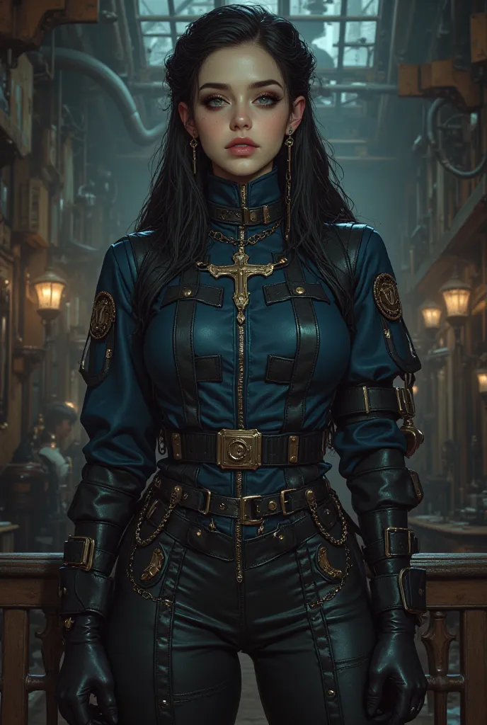 best quality, highres, 4k, 8k, amazing quality, Photo full portrait of photo real. black and dark blue leather jumpsuit steampunk woman. steampunk background. “full body portrait”