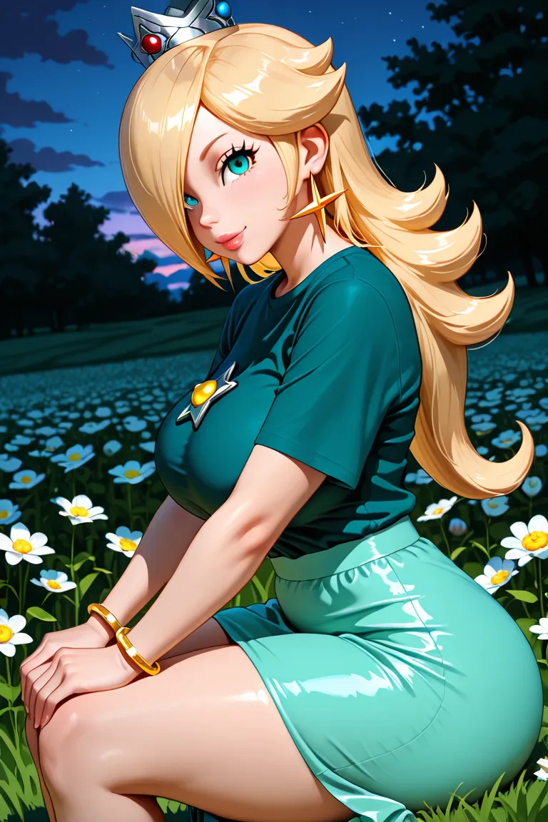 Rosalina,  yellow hair, turquoise eyes, Big breasts,  thin, thick thighs, large butt, t, , gold bracelet, seductive look at the viewer,  Serious Look T-Shirt, mischievous smile skirt, dusk, low light, jardin abierto, source, lots of flowers in the backgrou...