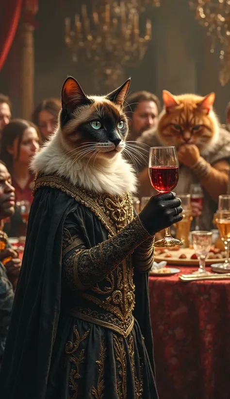 (Ultra realistic), "A sleek Siamese cat in a royal black and silver dress holds a goblet of wine, smirking. In the background, a fat orange warrior cat clutches his stomach, realizing he has been poisoned. The royal feast is filled with nobles, unaware of ...