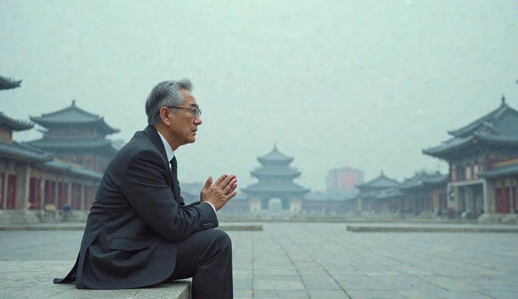 Give me a middle-aged Korean guy with glasses sitting on the left side of an empty square with a happy face and praying