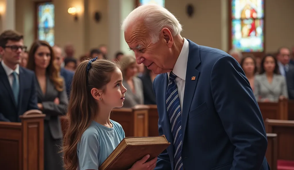 A highly detailed and realistic image of President Joe Biden inside a beautifully lit church, engaging in a heartfelt moment with a young girl. Biden, an elderly man with neatly combed white hair, deep blue eyes, and a kind yet contemplative expression, le...