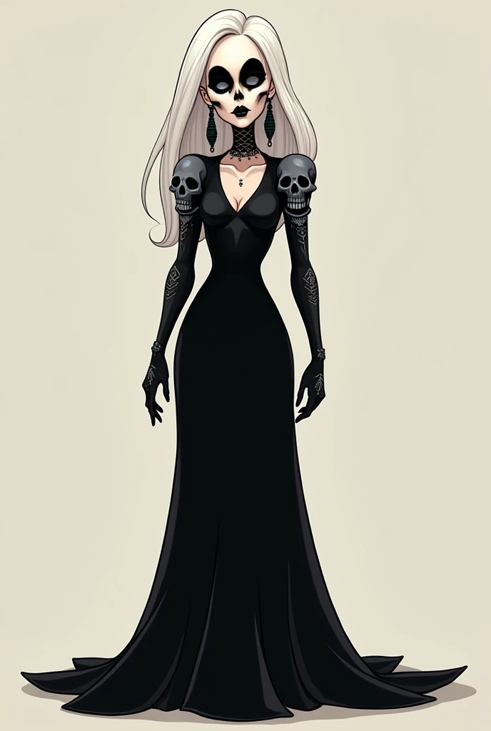 Create a 2d tall cartoon girl with black silhouette dress and skull sleeves black and black boots with white hair and black skull all over in her head with black lips and black eyeshadow with black earrings make her adult