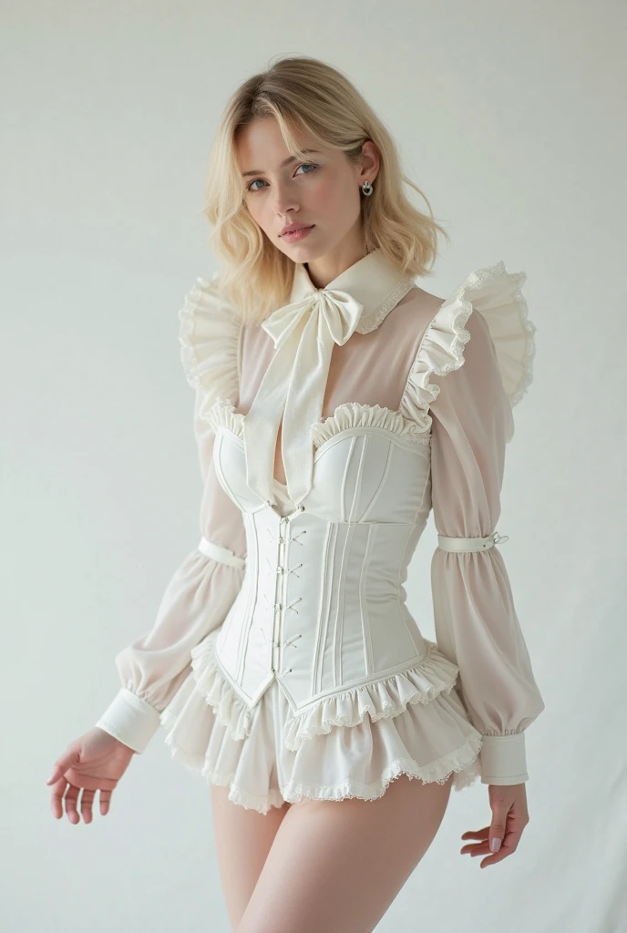 A professional HD photo of a beautiful man in white tea,  blonde hair , wearing a beautiful prince costume in the lolita ouiji style, a totally white outfit in which he wears a corset fitted to the waist, a small short, a pair of tight tight tights that re...