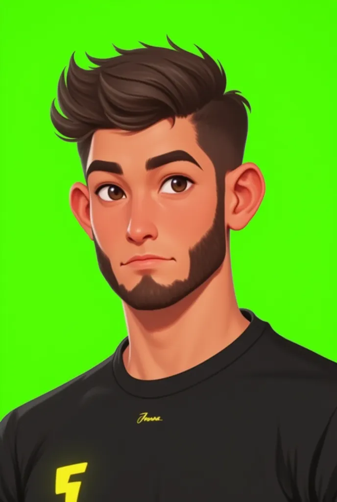 create a cartoon-style avatar of a young man with a short beard and very short military-style hair combed to the side, a thin face, a soft jaw curve, a thin chin and a slightly large nose, wearing a black t-shirt with yellow neon details. He has neutral, e...