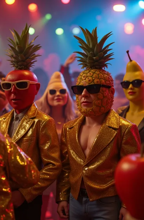 Various frutas piña manzana kiwi pera  characters wearing sunglasses in a nightclub all wearing gold jackets 