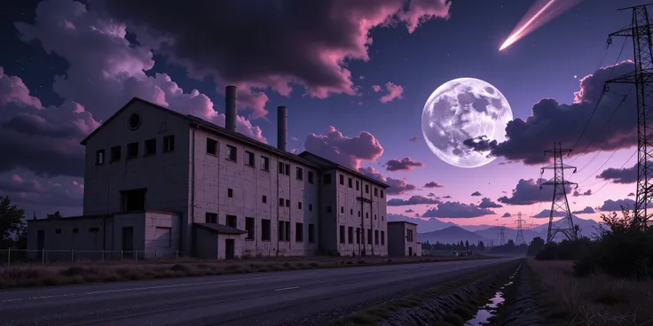 image of an old electric generating plant in a terrifying landscape, apocalyptic black and light violet sky, on the horizon is the moon crossed in half by a comet, chaos and splinters and particles fly across the earth, hyperrealistic, 3D rendering, cinema...