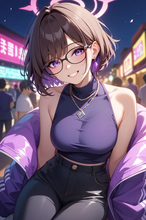  1 girl,high quality、最high image quality、LOL、smile,  face layer、 high image quality , glasses, short hair , purple eyes、dark brown hair、Perm、archive, long pants、 high neck、sleeveless、necklaces、Night Party、Loudspeaker