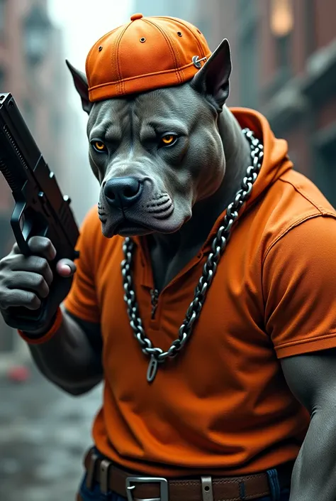 
I want a pit bull gangster mascot holding a gun with an orange shirt and gray skin, very gangster, holding a gun and a chain around his neck with an orange gangster hat with both hands holding a gun