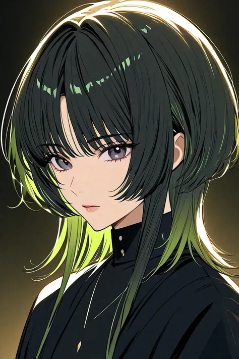 Create a black haired girl anime highlighting green hair in a wolfcut hairstyle and with a gradient of layers of hair to give it volume and look a little messy in the style of the wolf cut. The length is so flattering, the hair is open on the forehead.