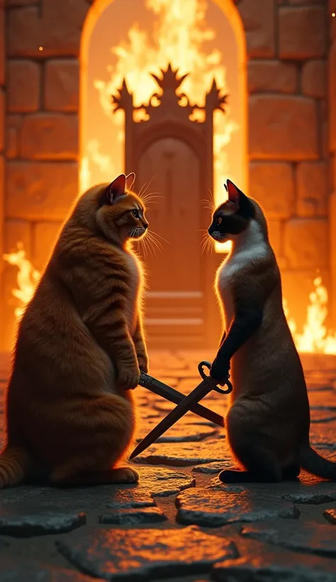 (Ultra realistic), "Inside a burning castle throne room, a fat orange warrior cat stands face to face with a sleek Siamese queen. Both hold swords, ready for the final duel. The iron throne behind them glows in the firelight, and shadows dance across the s...