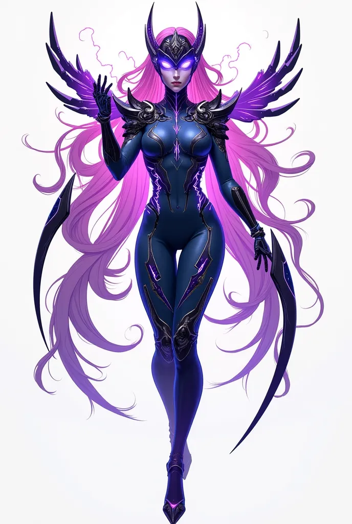 *"Create an illustration of a majestic futuristic and cosmic character, blending advanced technology with supernatural power. The character wears a form-fitting bodysuit in deep blue, adorned with glowing neon blue energy patterns, giving a cybernetic appe...