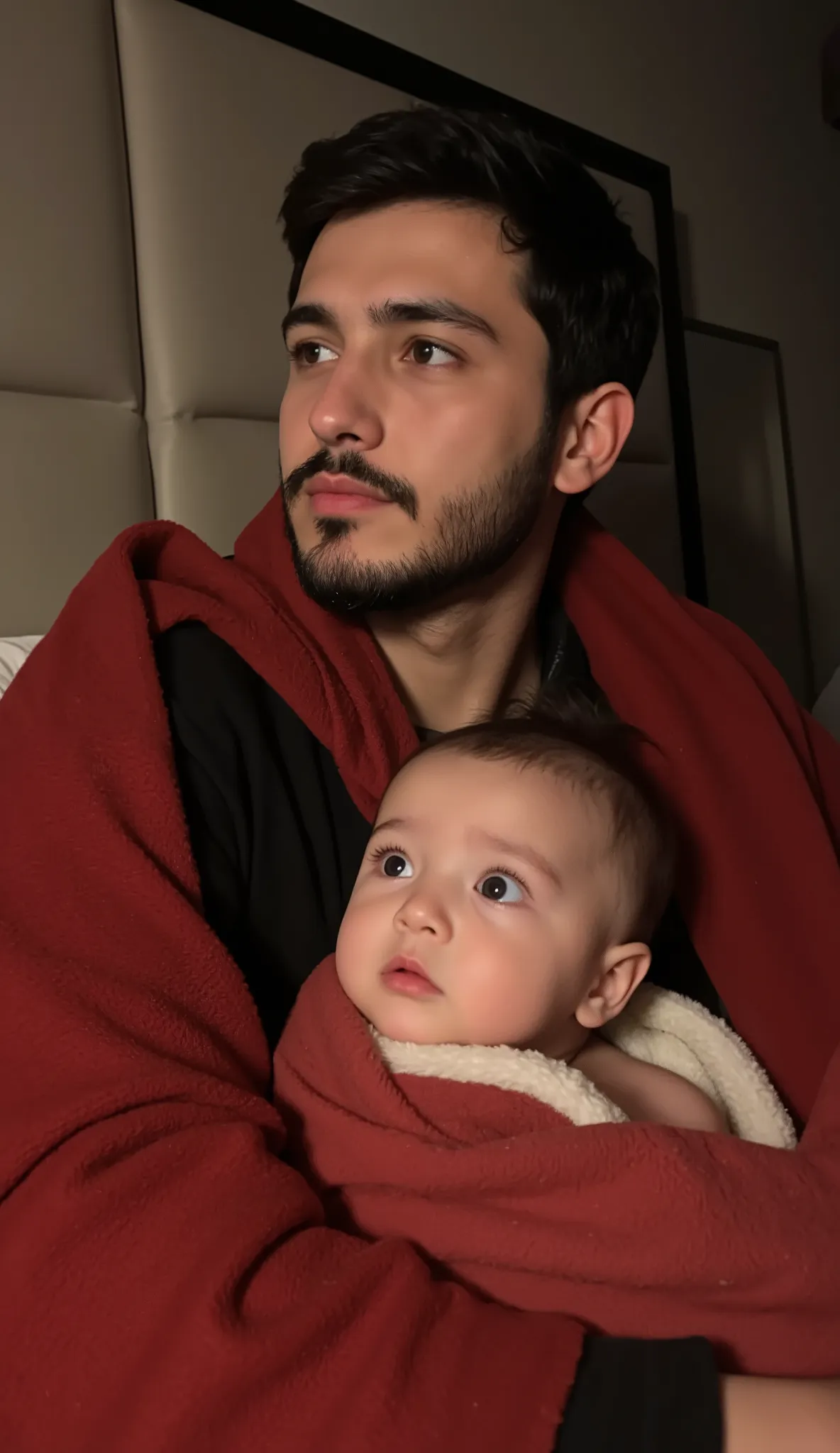 A young man with a beard and dark hair sits on a bed, wrapped in a red shawl, looking thoughtfully into the distance. Beside him, a baby with wide, curious eyes is wrapped in a warm, soft blanket, gazing ahead in amazement. The setting is cozy, with a padd...