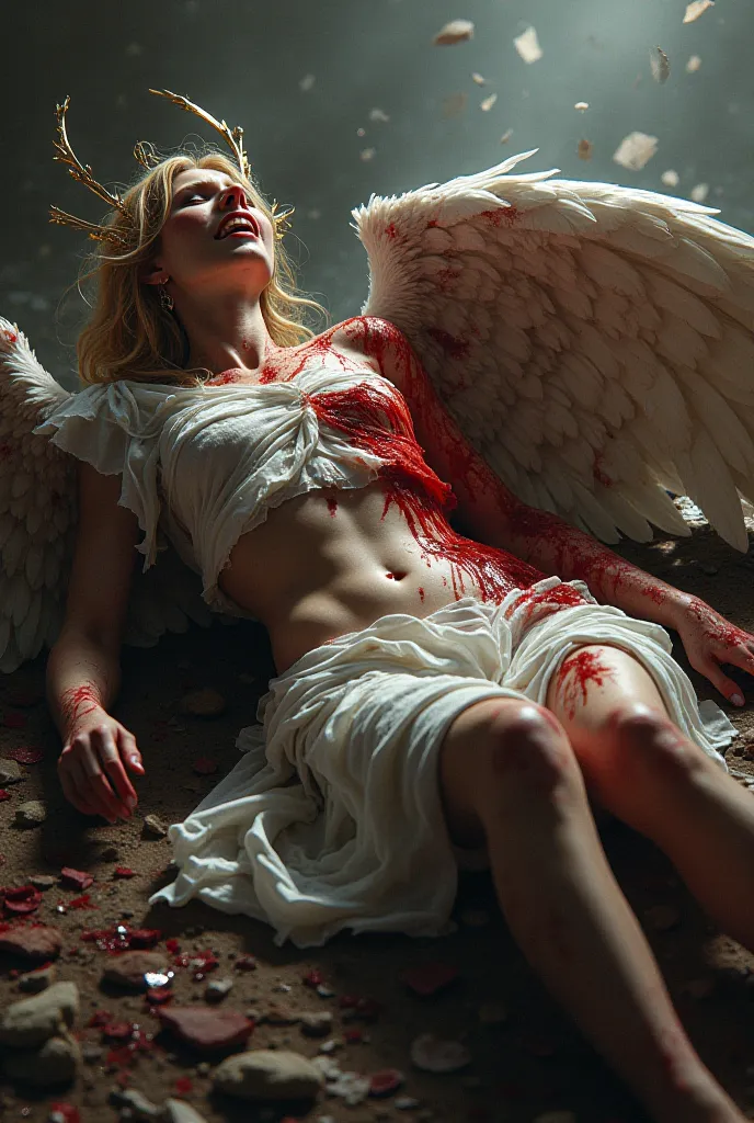 Angel wings dripping blood feathers everywhere bones pulled out broken wings