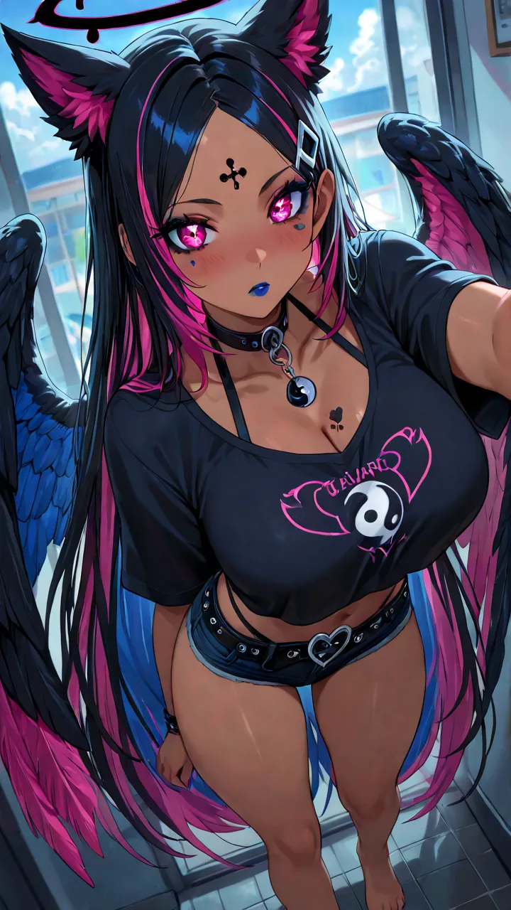 
Draw anime eyes: large/rounded, angled upwards, thick upper lid, small pupil, highlights, exaggerated lashes/brows, shading.Solo  kitsune girl Wolf angel  crop top on and Jensen with a chin belt around her belt strap  standing up black and blue and black ...