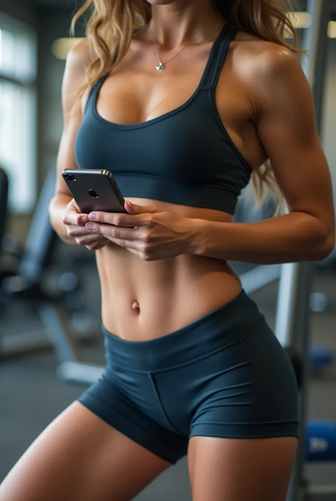 a close up of a person in a gym with a cell phone, fit pic, in a gym, sport bra and shorts, fit girl, fit dainty figure, fitness model, lorena avarez, bra and shorts streetwear, fit body, skinny waist and thick hips, sport bra and dark blue shorts, thighs,...