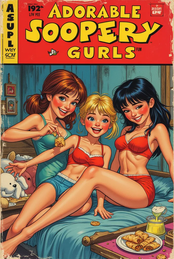 vintage 60s comic book, "ADORABLE POOPY GIRLS", classic action style comic book font, stroke embossed border, torn cover, worn, collector's item, show price and publisher logo, super ute young girls at a sleep-over, a girl pooped on the bed, giggling, hold...