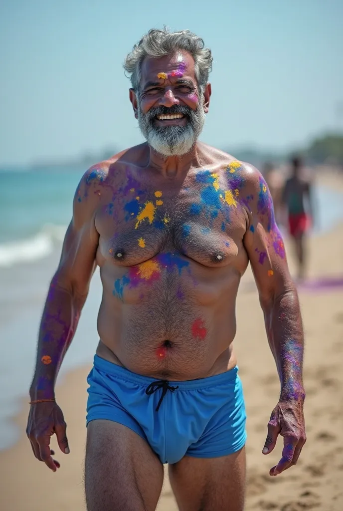 Create a highly detailed and realistic image of clean shaven short haired ; Senior muscular Indian tamil  grandpa  wearing blue briefs celebrating Holi on beach with senior grandpa  . Whole body is deep blue coloured . Face is silver coloured  . He has thi...