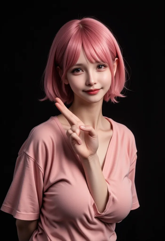 ( masterpiece,  top quality:1.4), Alone,  Off White Student  , Blurred vision,  A girl with her left eyes closed   , smile,  View above and below , Pink lower lip,  Peace Gestures  ,   Pink Shorthair  ,    disheveled hairstyle ,   royal sister ,  big breas...