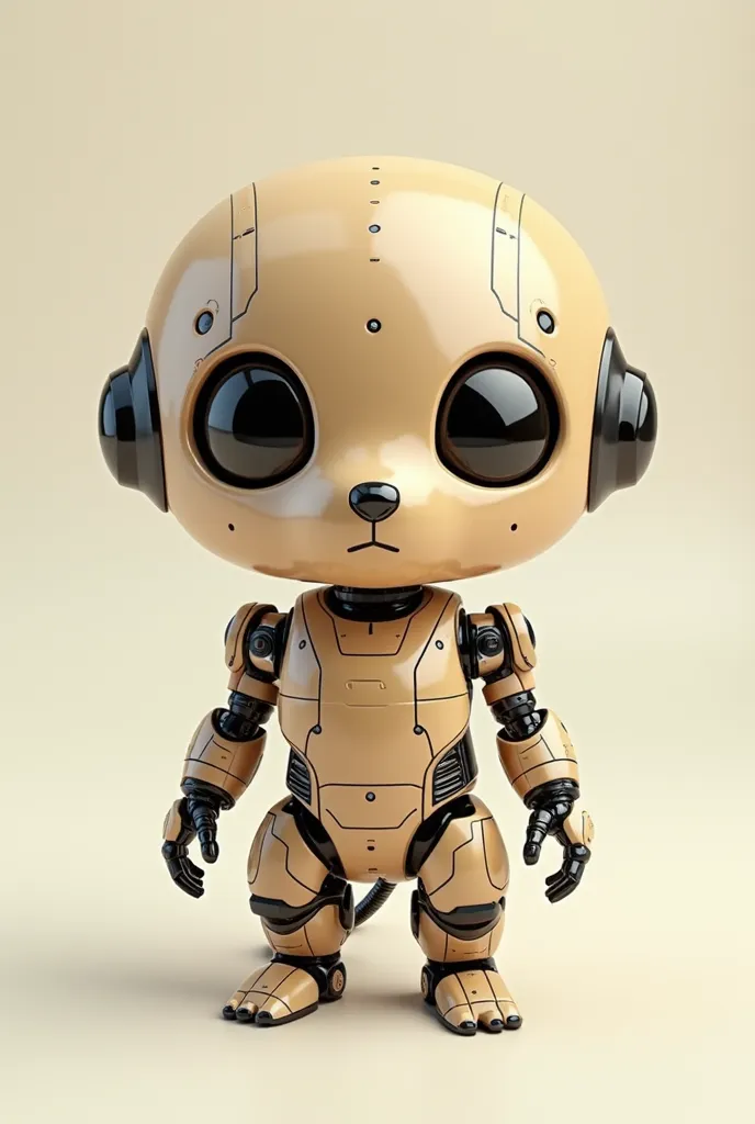 Super realistic, chibi, android in the shape of a meerkat, body has metal texture, beige metallic in color, no body hair, no hair on face, eyes simple, 3D, cool. No background.
