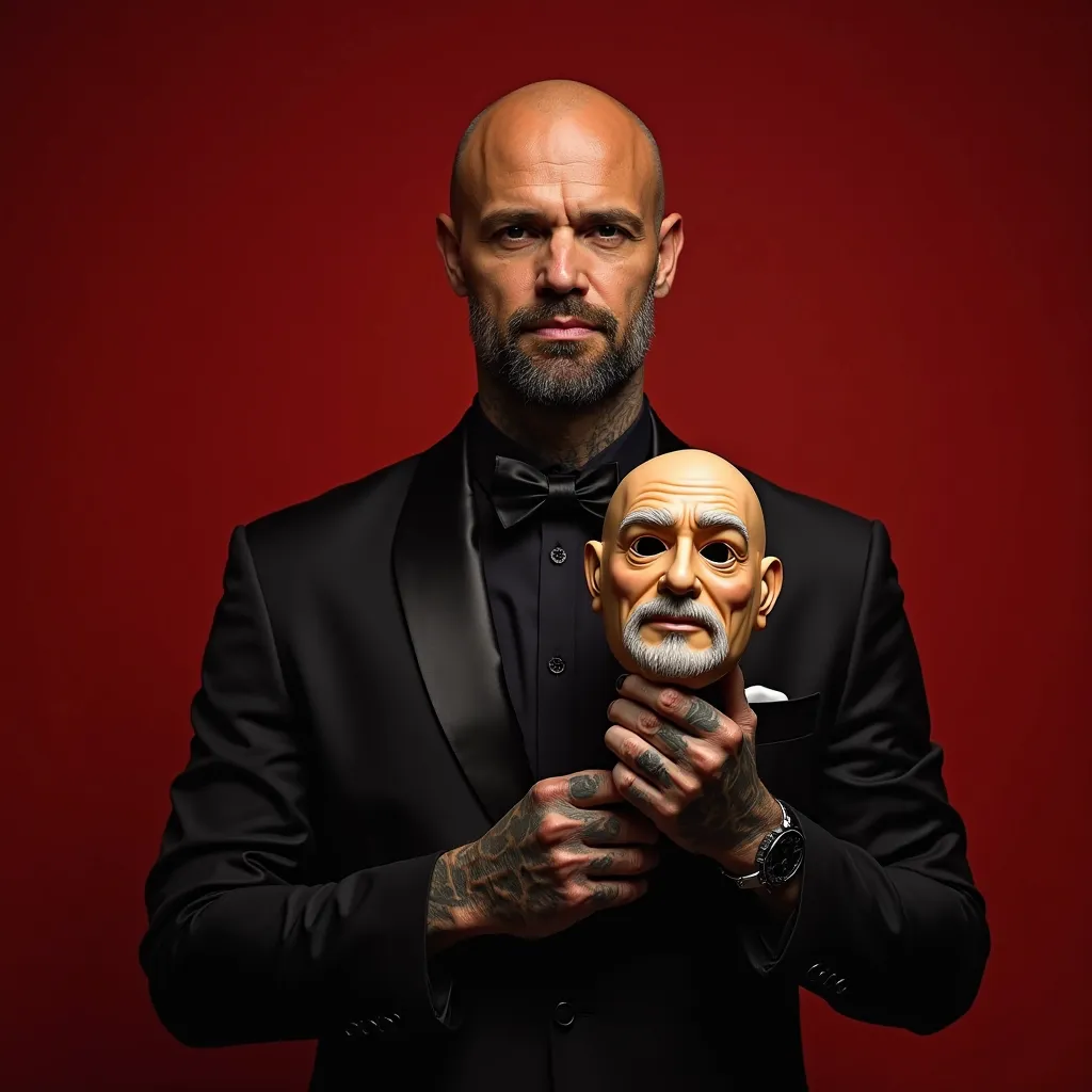 "A bald, completely tattooed man wears an elegant black suit, well fitted to his body. He has a serious and intense expression, conveying mystery and confidence. His skin is covered in included tattoos, which extend across his neck and hands.

He holds in ...